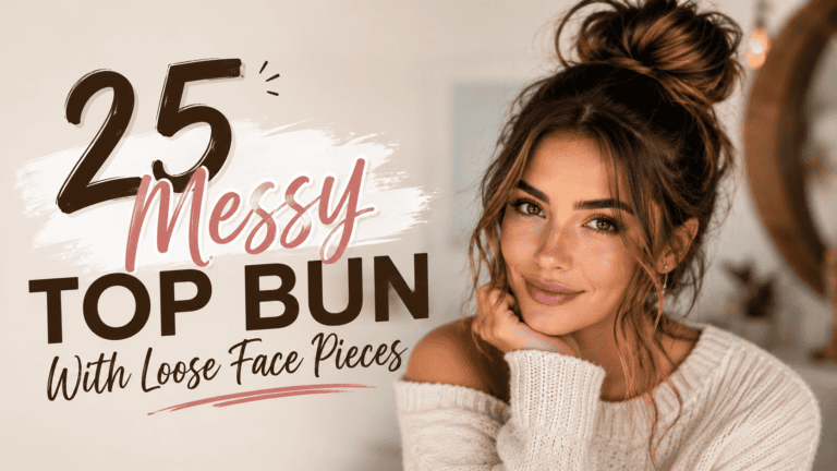 messy top bun with loose face pieces