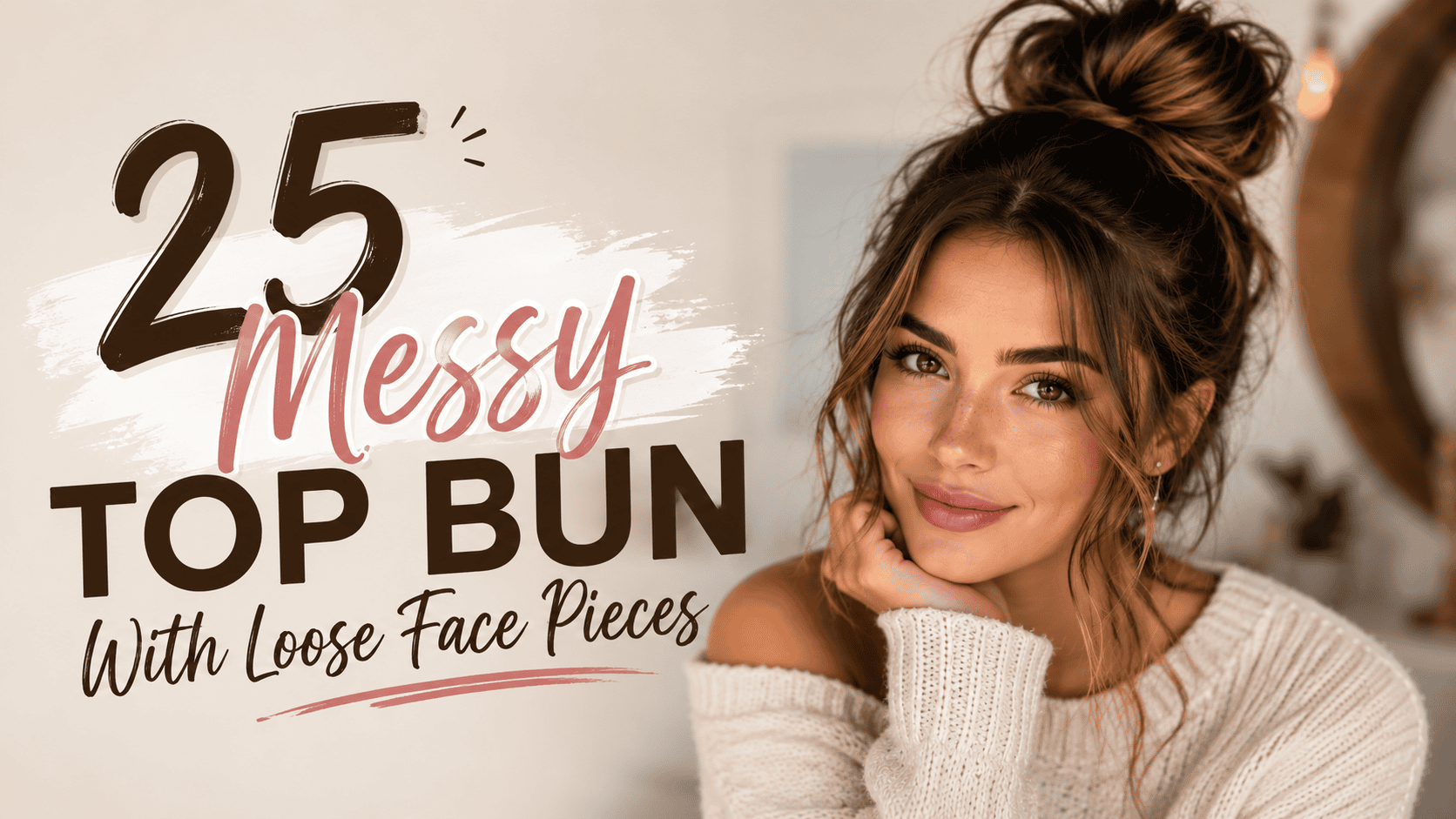 messy top bun with loose face pieces