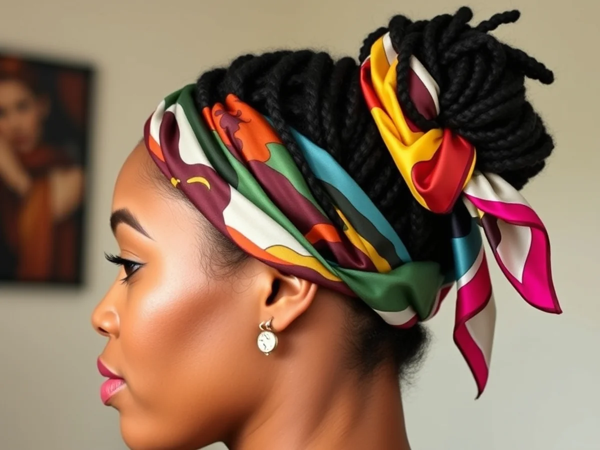 Scarf Wrapped Updo - shoulder length locs hairstyle
